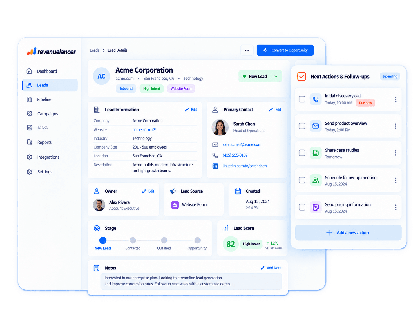 RevenueLancer lead details and follow-up workspace